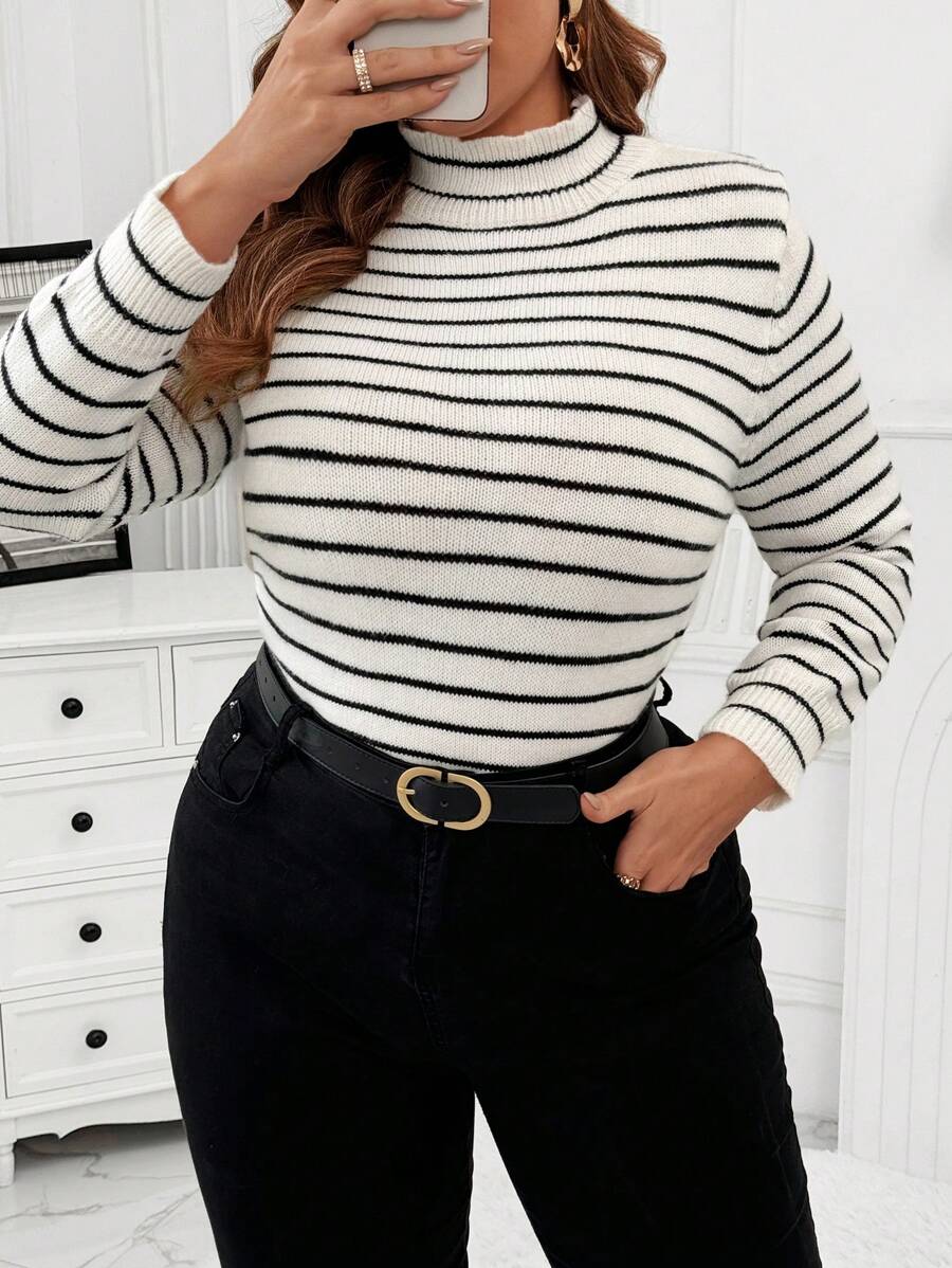 Flirla Duży rozmiar, golf, dopasowany, długi sweter z nadrukiem w paski, na zimę