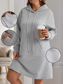 EMERY ROSE 大码女式纯色长袖抽绳连帽宽松休闲连衣裙，带口袋，女士冬季连衣裙