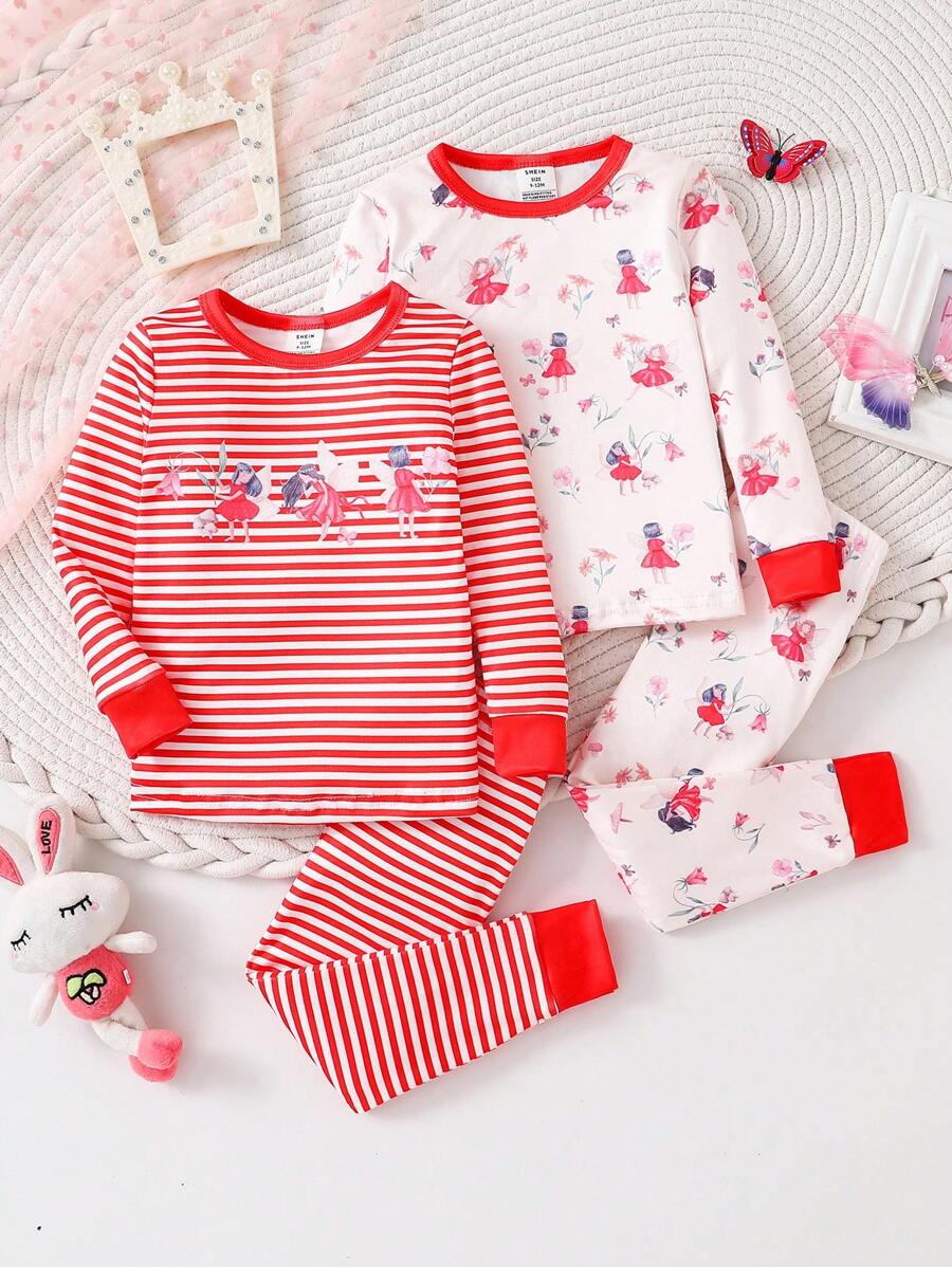 2pcs Baby Girl Printed Pattern Long Pants And Long Sleeve Tight-Fit Homewear Set - Red - View 1