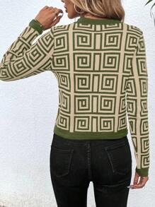 SHEIN LUNE Casual Geometric Pattern Cardigan, Cropped Length For Autumn Fall Cloth For Women - Army Green - View 2