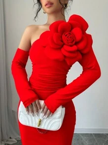 Selianne 1 chiếc váy dài tay xếp ly eo hoa lệch vai cho nữ thanh lịch cho quần áo năm mới maxi trang phục cho phụ nữ - Đỏ - Xem 6