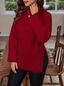 Calvaya Plus Size Women High Neck Dropped Shoulder Long Sleeve Casual Pullover Sweater With Side Slit Hem, Autumn/Winter For New Year Knit Pullover Fall - Red - View 3