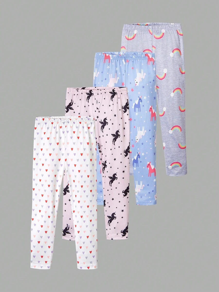 SHEIN 4 pièces/Paquet Leggings imprimés mignons avec licorne et cœur arc-en-ciel pour filles, Bas polyvalents pour le printemps, l'automne et l'hiver - Multicolore - Voir 1
