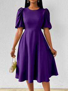 Lyxana Green Women's Long Puff Sleeve Waisted Flare Dress, Spring/Summer Maxi Women Outfit