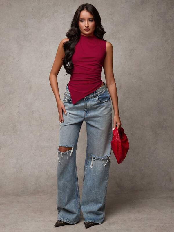 SHEIN BAE Paquete múltiple de tops casuales de mujer de unicolor, sin mangas, cortos, con bajo asimétrico