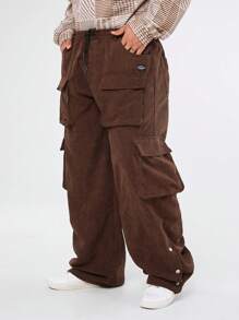 Manfinity NXTstreet Plus Size Men's Loose Fit Casual Corduroy Cargo Pants, Going Out Plain Long Baggy Beige Cargo Pants, For Husband, Boyfriend Gifts