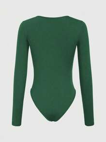 INAWLY 女士纯色长袖镂空简约修身紧身衣，休闲日常穿着 - 墨綠色 - 查看 2