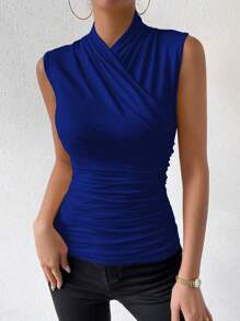 Zielony Women Solid Color V-Neck Ruched Slim Fit Casual Tank Top - Blue - View 6