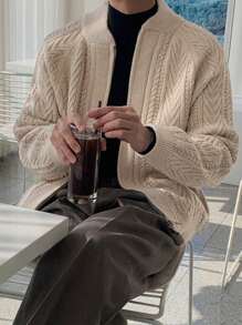 DAZY Men Solid Color Raglan Sleeve Zipper Front Casual Cardigan, Autumn/Winter Jacket