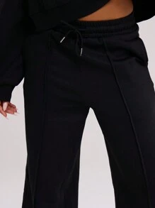 MUSERA Pin-Tuck Detail Wide Leg Sweatpants Vacation Airport Casual Winter - Black - View 5