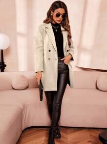 SHEIN Clasi 大码纯色双排扣夹克，秋冬季休闲款 - 杏色 - 查看 7