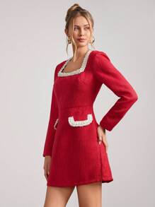 SHEIN Clasi Women's Elegant Pearl Trim Pocket Long Sleeve Tweed Mini Dress For Christmas - Red - View 5