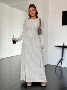 SHEIN EZwear 大码女式圆领长袖罗纹休闲长款毛衣连衣裙，冬季保暖 - 灰色 - 查看 3