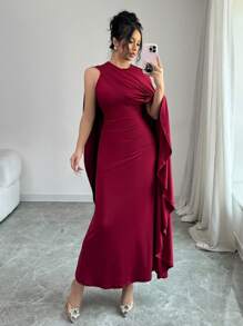 Chiquease Vestido largo elegante de mujer con cuello asimétrico, color vino tinto, vestido maxí color burdeos - Burdeos - Ver 4