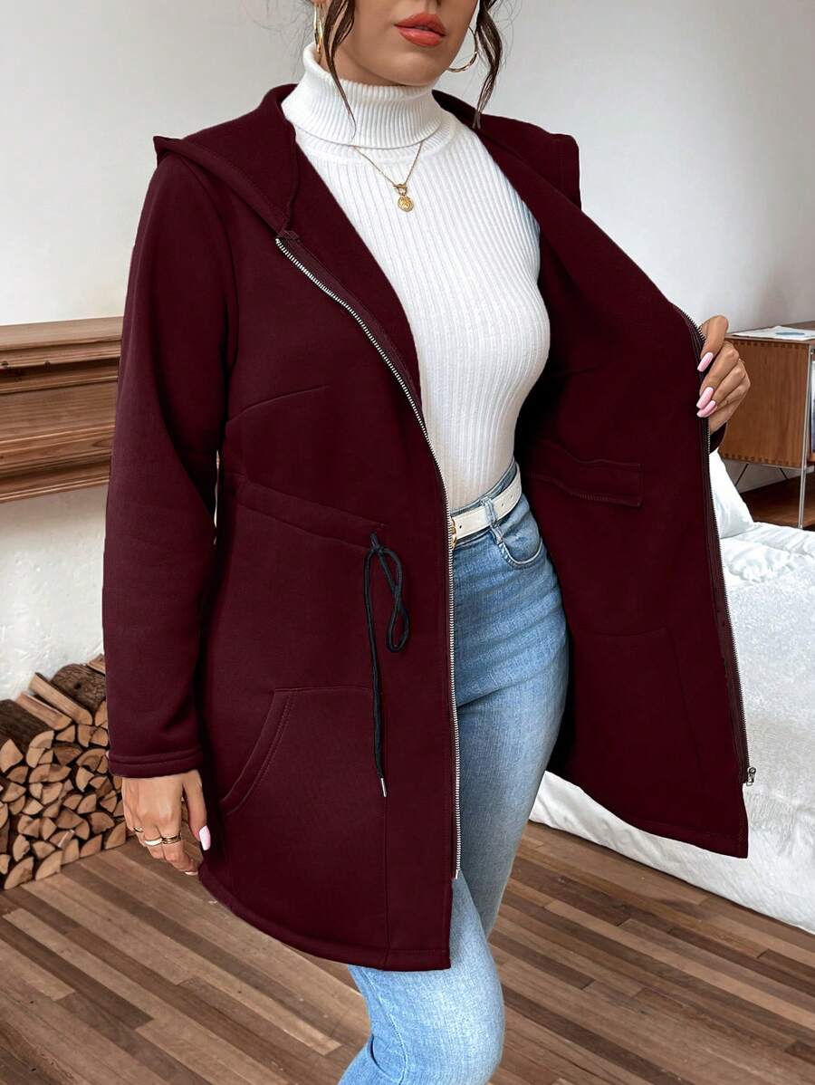 Calvaya Plus Size Hooded Coat, Solid Color Zipper Pockets, Minimalist & Fashionable For Casual Daily Wear Fall Winter Cloth For Women Autumn - Burgundy - View 1