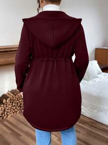 Calvaya Plus Size Hooded Coat, Solid Color Zipper Pockets, Minimalist & Fashionable For Casual Daily Wear Fall Winter Cloth For Women Autumn - Burgundy - View 2