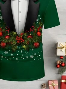 Manfinity Homme Manfinity 圣诞节圣诞老人树印花红色T恤，休闲时尚男士深绿色T恤 - 彩色 - 查看 5