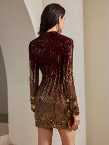 Anewsta Đầm xòe đính sequin cổ đứng ôm vừa vặn tay dài cho nữ dự tiệc năm mới màu đỏ tía - Màu Đỏ Sâu - Xem 2