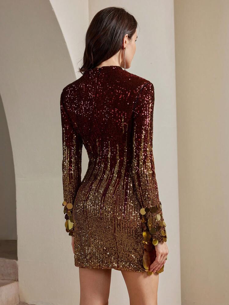 Women's Stand Collar Slim Fit Gradient Sequined Dress Long Sleeve For New Year Holiday Party Clothes Burgundy Color Women Outfit