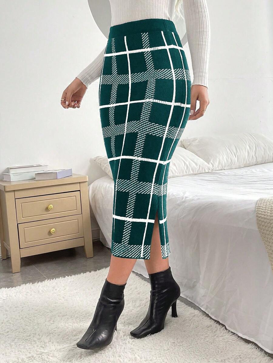 SHEIN Clasi Váy len bó kẻ caro Jacquard, thường ngày thu/đông - Màu xanh lá cây đậm - Xem 1