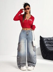 SHEIN PETITE 女士低腰直筒牛仔工装裤，蓝色