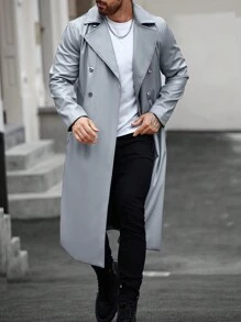 Manfinity Homme 男士纯色罗纹领长袖 PU 皮革休闲长款风衣，秋季，皮革冬季男士夹克 - 灰色 - 查看 6