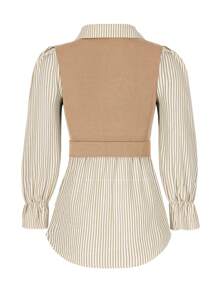 Calvaya 女士春夏条纹翻领长袖宽松休闲二合一上衣 - 卡其色 - 查看 7