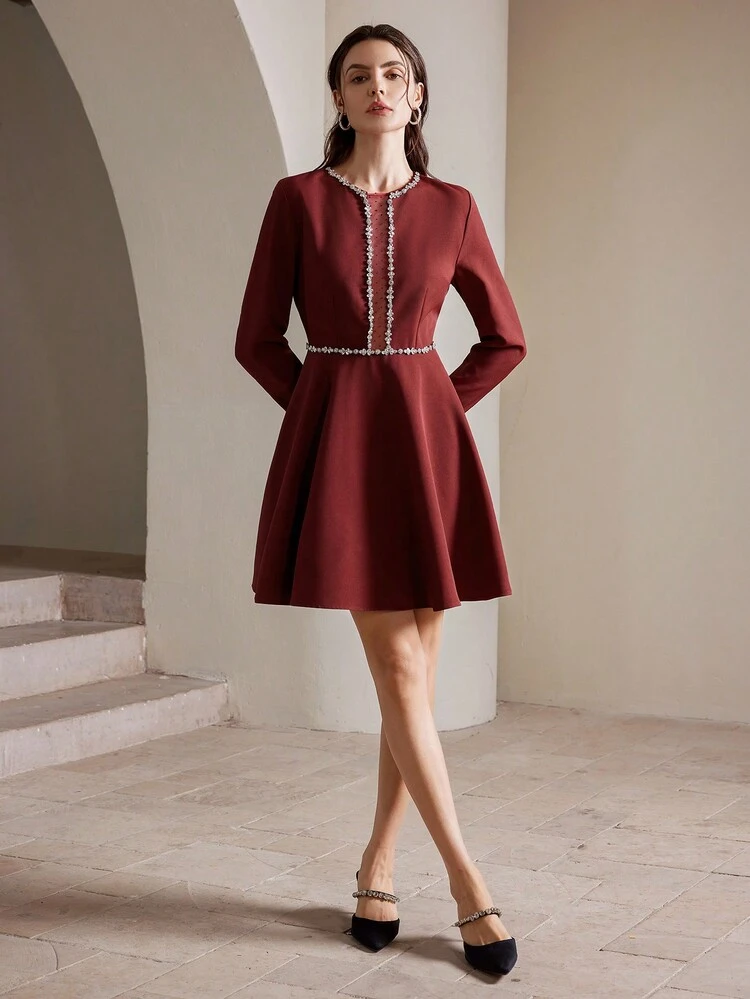 Women's Elegant Lace Patchwork Rhinestone Long Sleeve Party Dress, Autumn Burgundy Color Women Outfit