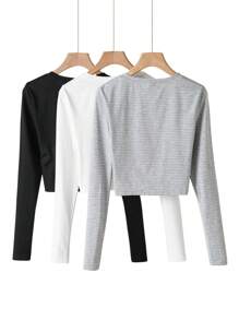 SHEIN BASICS 3 件套女士休闲针织圆领长袖短款修身 T 恤，舒适别致，日常通勤，修身百搭 - 彩色 - 查看 4