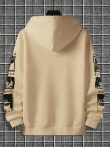 Manfinity Hypemode Loose Fit Men's Japanese Letter Graphic Kangaroo Pocket Drawstring Hoodie - Apricot - View 2