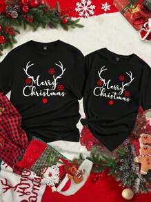 Manfinity Homme 男士时尚休闲圣诞驯鹿字母图案印花情侣 T 恤，黑色插肩袖（材质）