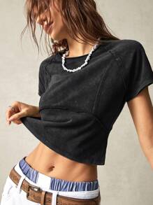 Bohemela Holiday Solid Color Knit Structual Design Round Neck Raglan Sleeve Short Sleeve Fitted Women T-Shirt