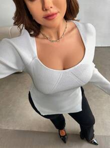 SHEIN Essnce 大码休闲纯色长袖侧开衩毛衣，秋季，冬季 - 白色 - 查看 2