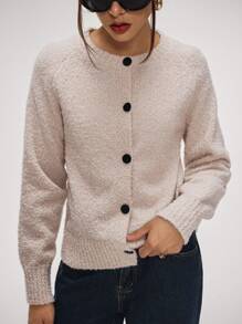Forever 21 女士纯色圆领前扣休闲长袖开衫 - 杏色 - 查看 4