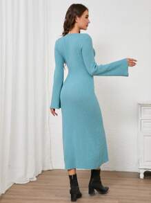 INAWLY Gaun Sweater Rajut Panjang Kasual Sederhana Leher Bulat Warna Polos untuk Wanita, Pakaian Musim Gugur untuk Wanita - Biru - View 3
