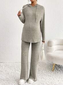 SHEIN 2pcs Maternity Casual Solid Color Dropped Shoulder Long Sleeve Hooded Sweatshirt And Pants Set, Autumn