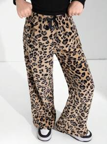 1pc Tween Girls Leopard Fleece Straight Leg Casual Pants, Autumn/Winter