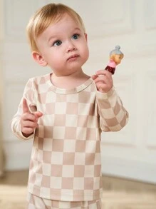 Baby Boy 2 Pieces Set, Ribbed Fabric Top & Checkerboard Pattern Bottoms Outfit, Fashionable For Indoor Or Autumn/Winter Base Layer Wear