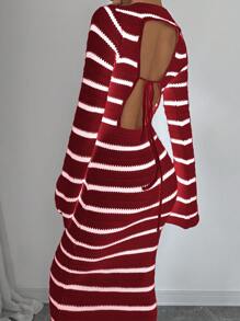 SHEIN ChicEase 女式条纹超长露背系带喇叭袖毛衣连衣裙 - 酒紅色 - 查看 5