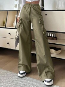 SHEIN EZwear Quần ống rộng cạp cao màu trơn thường ngày cho nữ, màu xanh quân đội - xanh quân đội - Xem 5