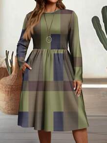 EMERY ROSE Casual Retro Plaid Pattern Fitted Crew Neck Long Sleeve Plus Size Dress, Suitable For Autumn/Winter
