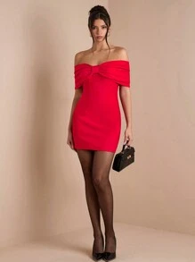 SHEIN BAE Women's Elegant Open Shoulder Bowknot Cocktail Dress, Suitable For Party, Date Night, Clubbing In Autumn & Winter