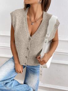 SHEIN Unity Women's Casual Plain Single-Breasted V-Neck Sweater Vest Cardigan For Autumn/Winter - Mocha Brown - View 6