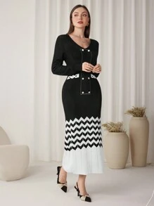 Modelyn Damen Farbblock Geometrisches Muster V-Ausschnitt Figurbetontes Pulloverkleid