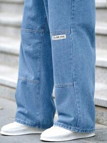 Manfinity EMRG Plus Size Men's Casual Letter Print Straight Leg Jeans - Light Wash - View 7