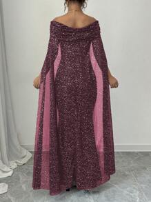 Rafferiza Women's Elegant Off Shoulder Glitter Printed Ruffle Dress Burgundy Maxi Women Outfit Star Dressdress Burgundygoddess Dressmaroon Dress Elegantoff Shoulder Long Dress Fall Cloth For Women - Burgundy - View 2