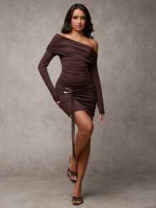 SHEIN BAE 女士露肩紧身吊带连衣裙，简约优雅休闲日常穿着 - 咖啡棕 - 查看 1