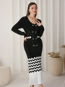 Modelyn Damen Farbblock Geometrisches Muster V-Ausschnitt Figurbetontes Pulloverkleid