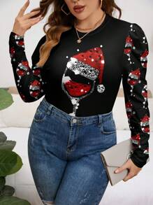 SHEIN Clasi Casual Simple Plus Size Women's Solid Color Long Sleeve T-Shirt - Black - View 5