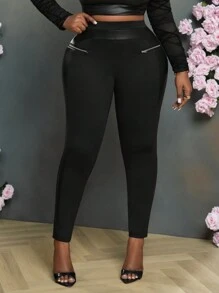 Slaydiva Plus Size Women Casual Sexy PU Splice Solid Black Leggings With Zipper Decor